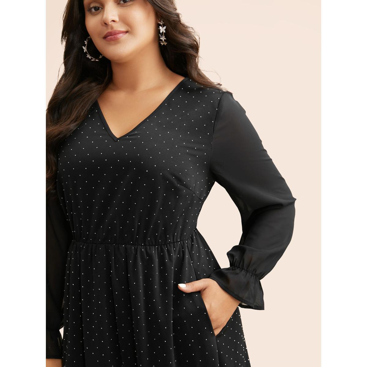Plus Size V Neck Rhinestone Patchwork Ruffles Dress Pureblack Women Cocktail Rhinestone detailing Party Curvy Bloomchic 26/4X Product Image
