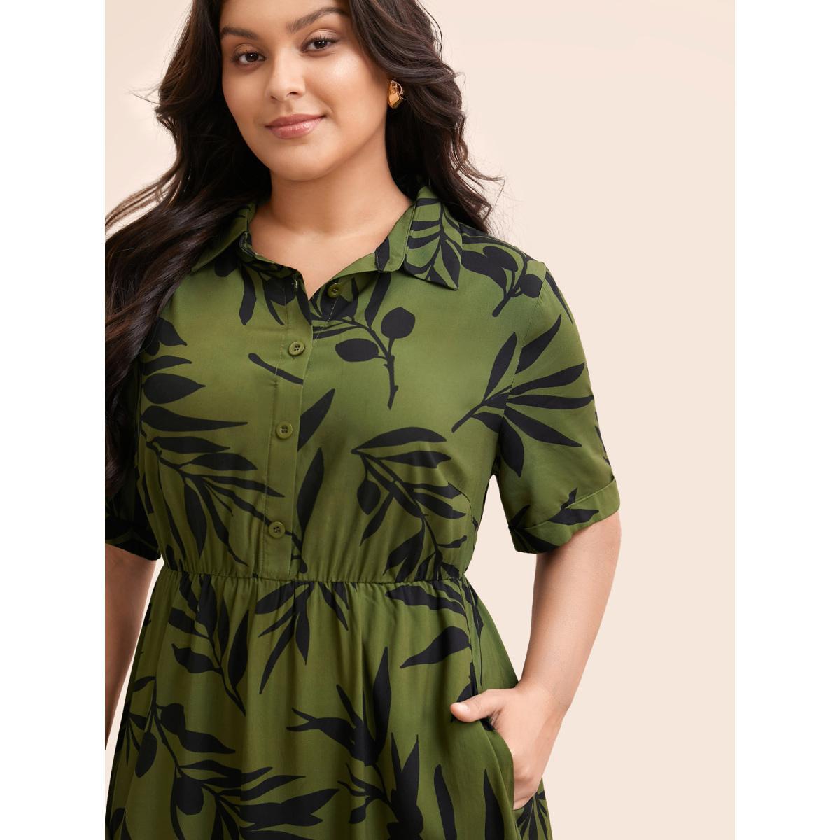 Plus Size Tropical Print Shirt Collar Midi Dress ArmyGreen Women Elegant Button Shirt collar Short sleeve Curvy BloomChic 18-20/2X Product Image