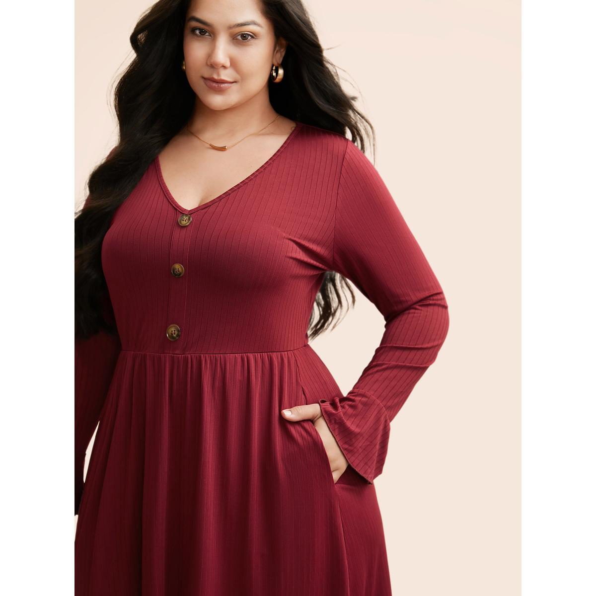 Plus Size V Neck Button Detail Rib Knit Dress Burgundy Women Casual Texture V-neck Long Sleeve Curvy BloomChic 30/6X Product Image