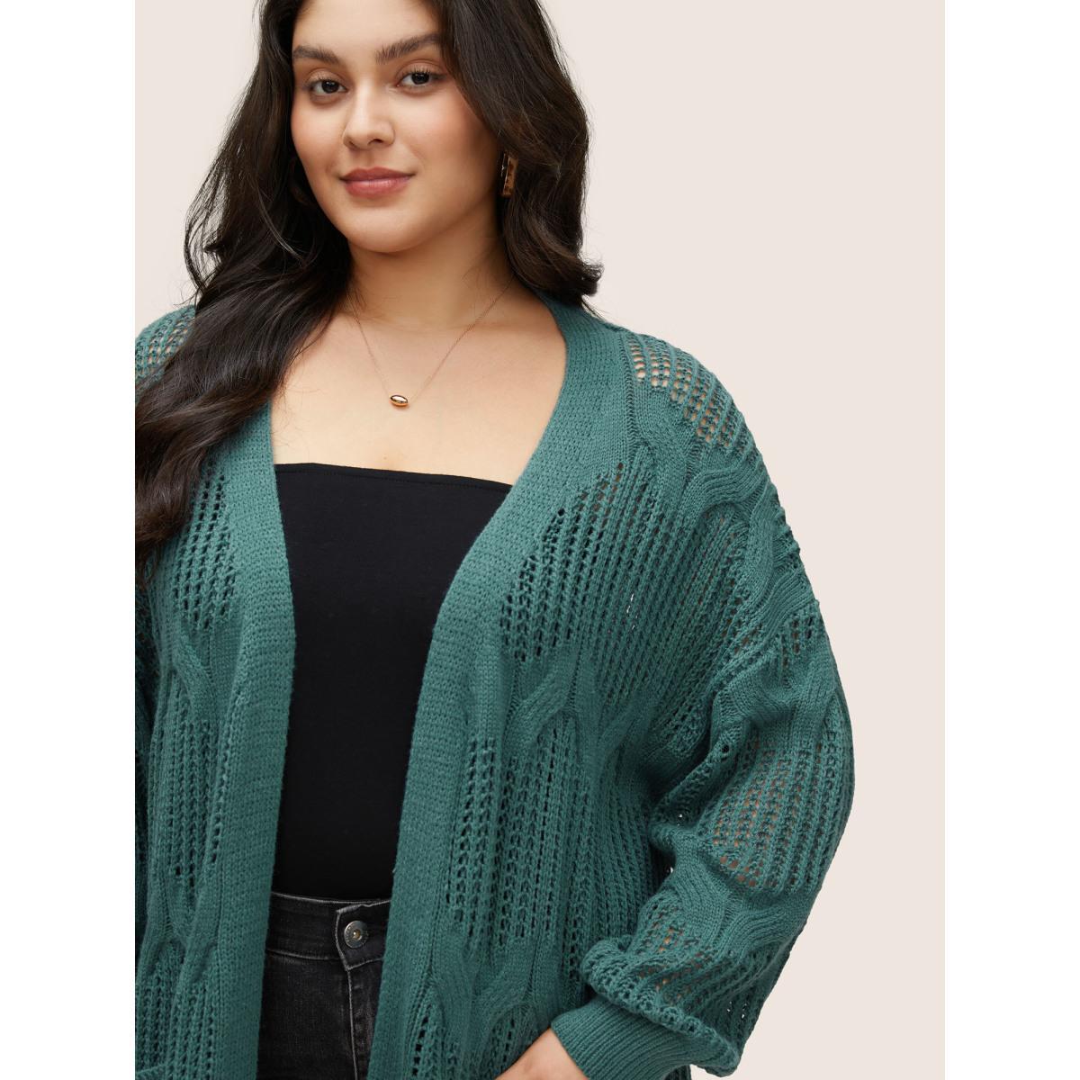 Plus Size Texture Cable Knit Open Front Pocket Cardigan Emerald Women Casual Long Sleeve Everyday Cardigans BloomChic 14-16/1X Product Image