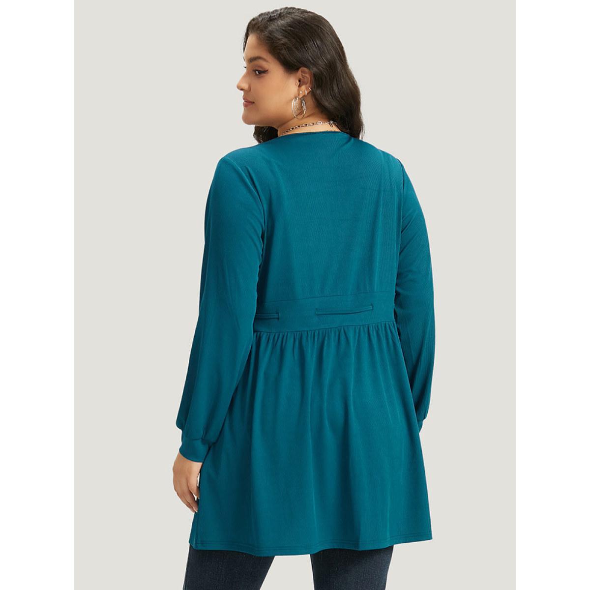 Plus Size Plain Drawstring Knot Gathered Open Front Coat Women Cyan Casual Plain Dailywear Kimonos BloomChic 10/M Product Image