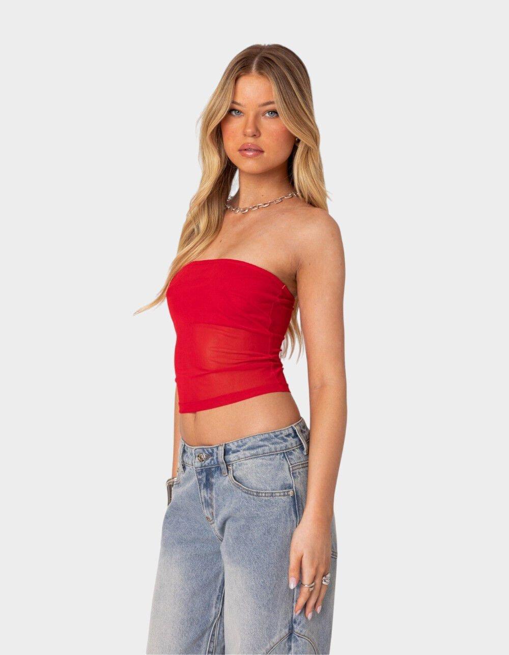 EDIKTED Celestia Sheer Mesh Tube Top Product Image