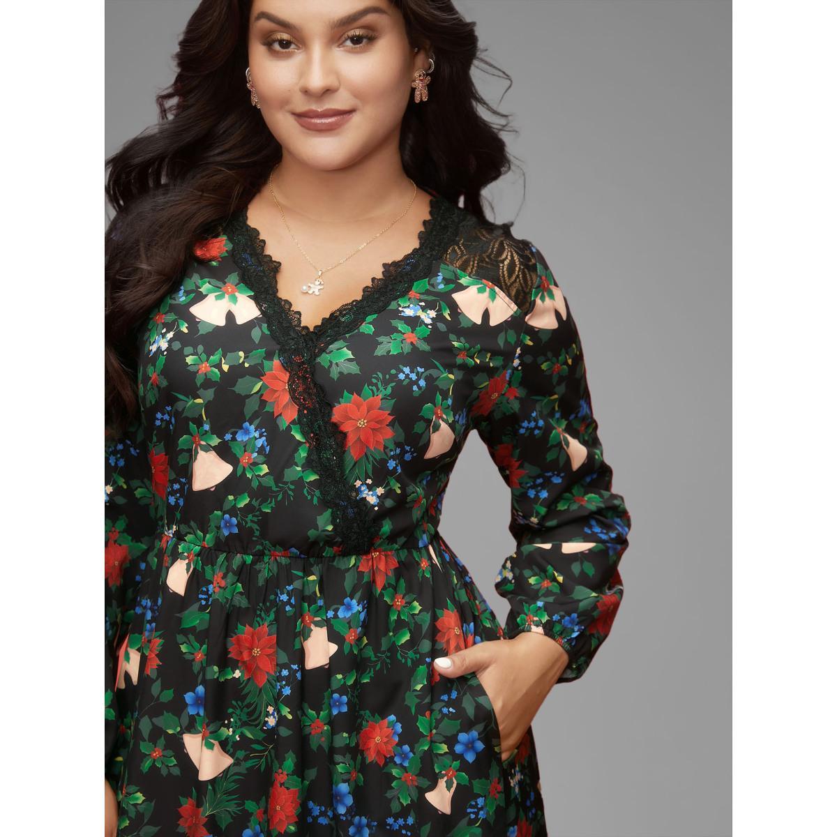 Plus Size Floral Lace Surplice Neckline Midi Dress Emerald Women Elegant Woven ribbon&lace trim Overlap Collar Long Sleeve Curvy BloomChic 26/4X Product Image