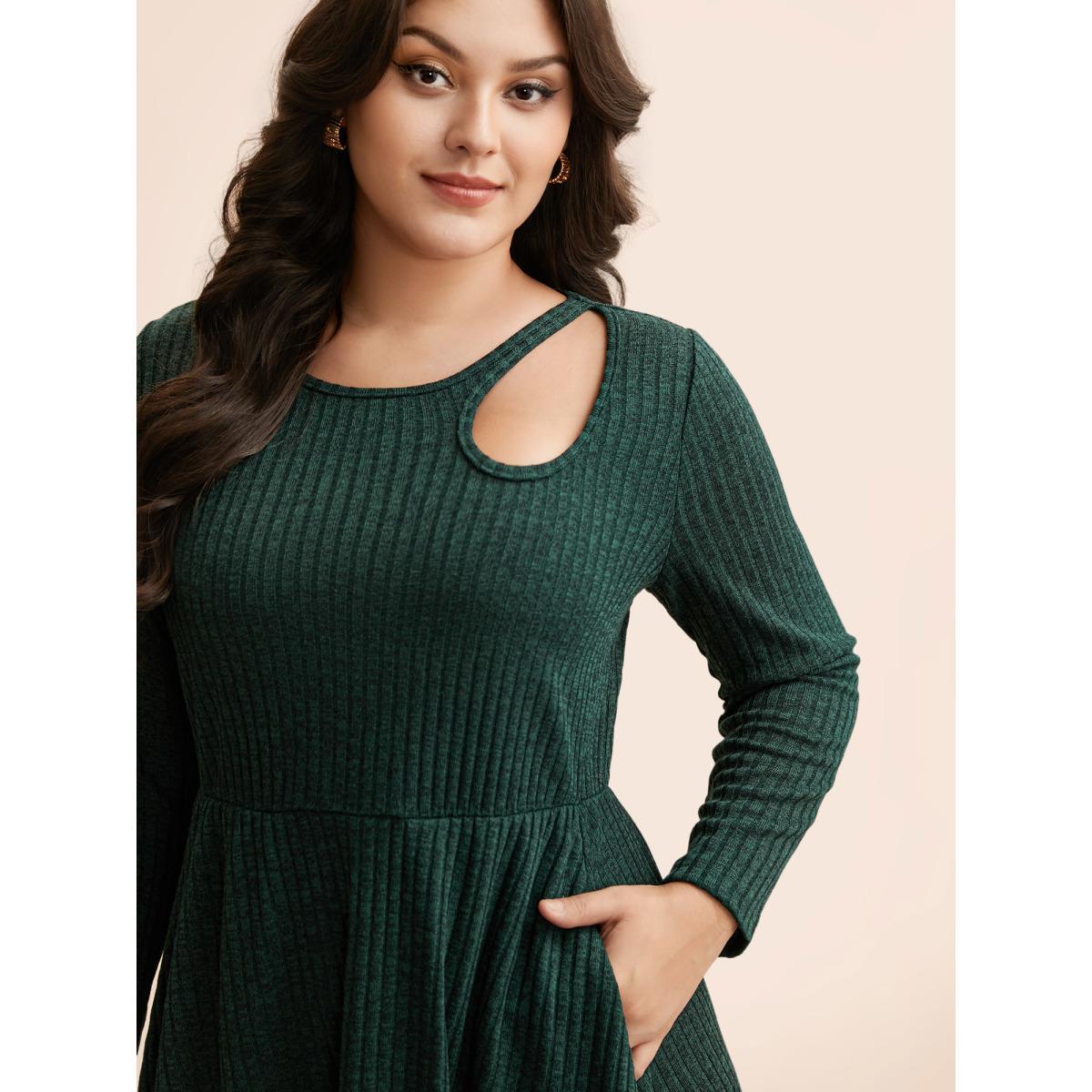 Plus Size Rib Knit Asymmetrical Neck Midi Dress DarkGreen Women Elegant Texture Asymmetrical Neck Long Sleeve Curvy BloomChic 18-20/2X Product Image