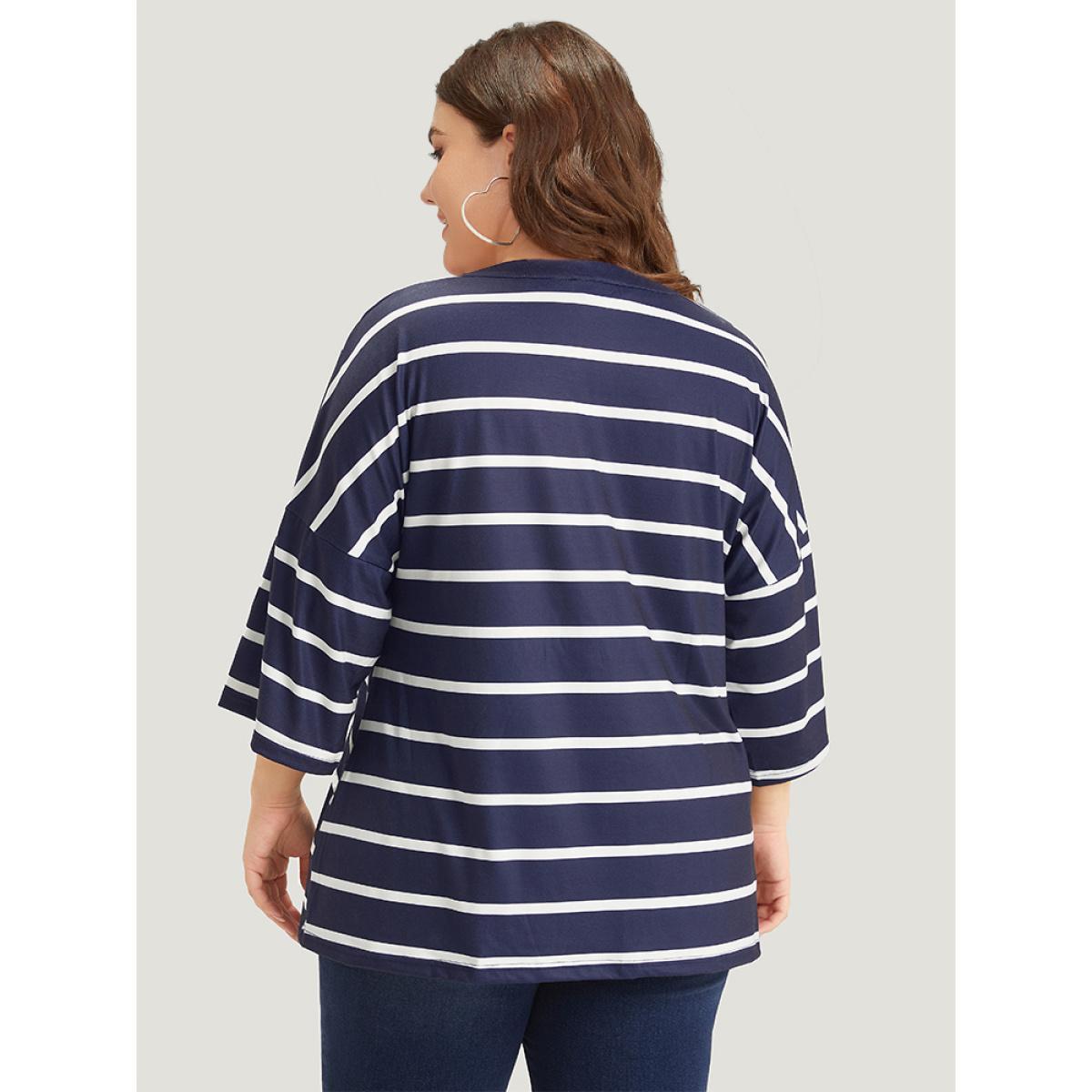 Plus Size Striped Print Button Detail Notched T-shirt Blue Women Casual Button Striped Notched collar Dailywear T-shirts BloomChic 26/4X Product Image