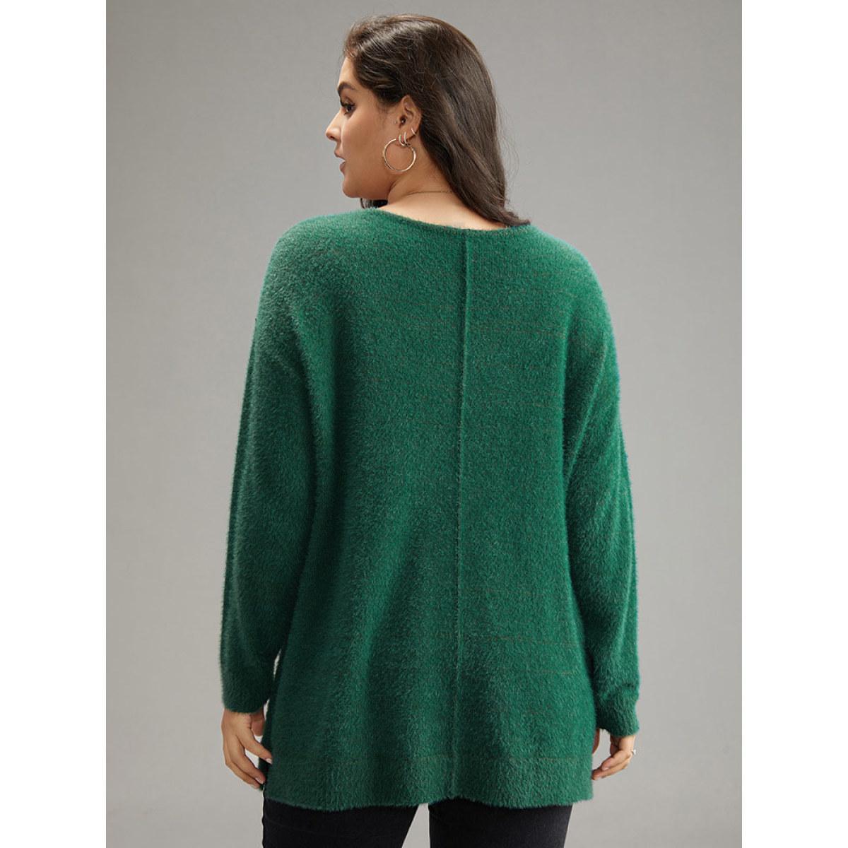 Plus Size Fuzzy Solid Split Side Patchwork Pullover DarkGreen Women Casual Loose Long Sleeve V-neck Dailywear Pullovers BloomChic 26/4X Product Image