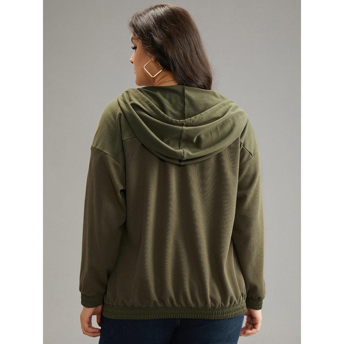 Plus Size Waffle Knit Hooded Drawstring Sweatshirt Women ArmyGreen Casual Plain Loose Hooded Dailywear Sweatshirts BloomChic 18-20/2X Product Image