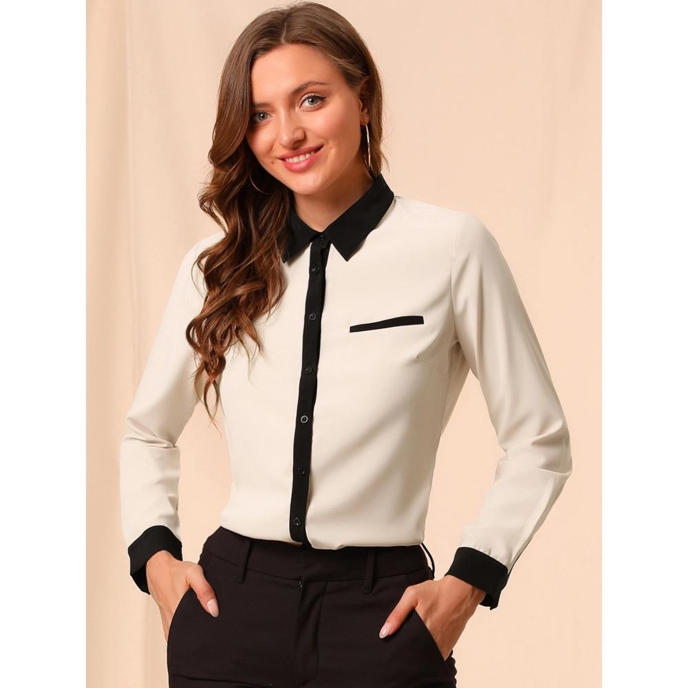 INSPIRE CHIC Women's Contrast Collar Chiffon Long Sleeve Work Office Blouse Product Image