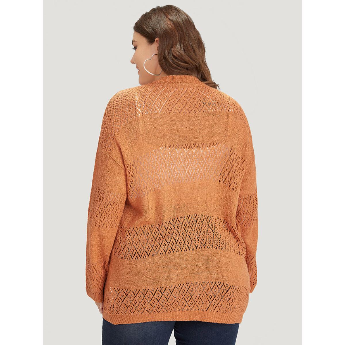 Plus Size Plain Geometric Eyelet Button Through Loose Cardigan Orange Women Casual Loose Long Sleeve Dailywear Cardigans BloomChic 18-20/2X Product Image