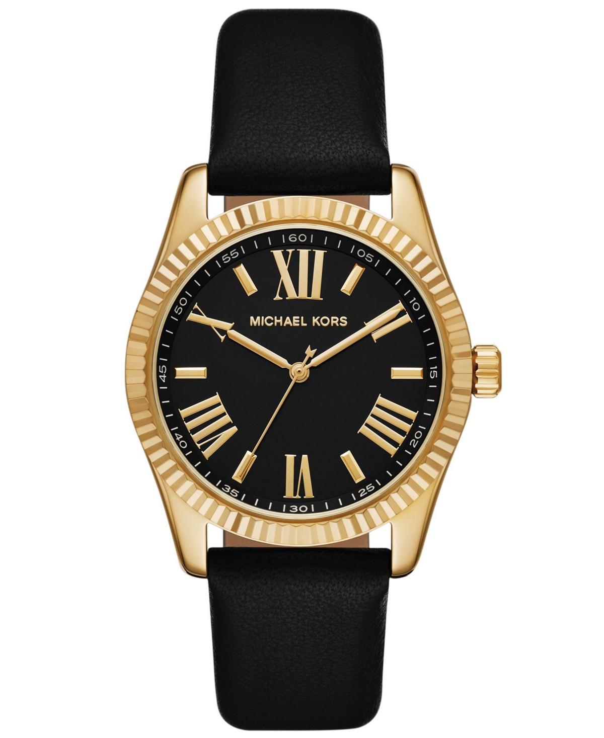 Michael Kors Womens Lexington Three-Hand Black Leather Strap Watch Product Image