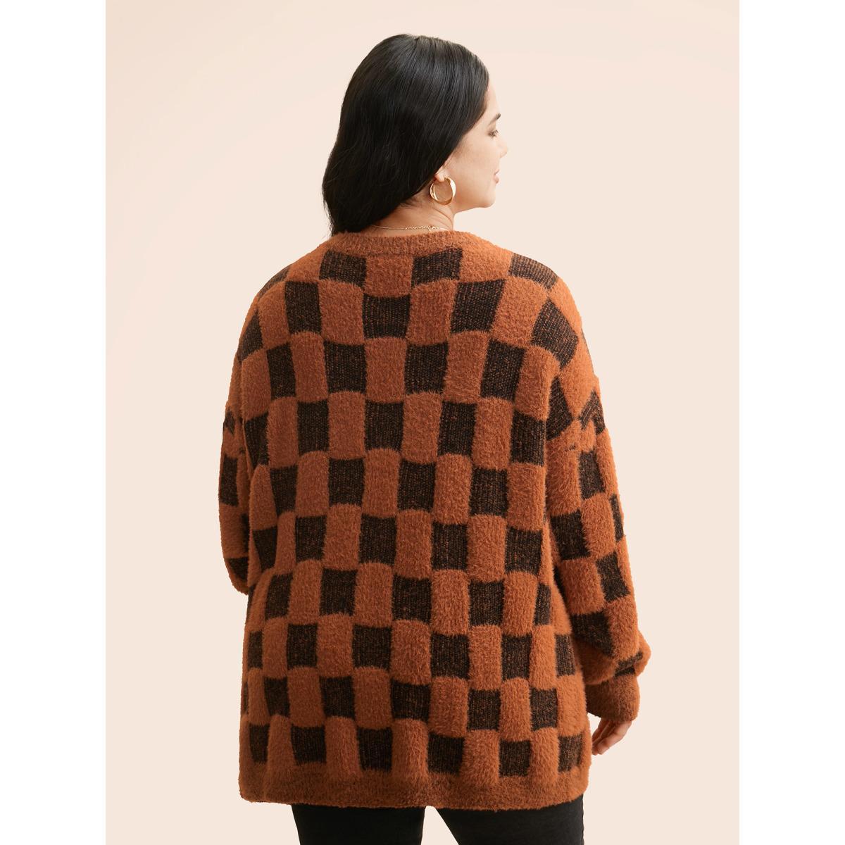 Plus Size Plaid Fluffy Patched Pocket Cardigan Yellowishbrown Women Casual Loose Long Sleeve Everyday Cardigans BloomChic 26/4X Product Image