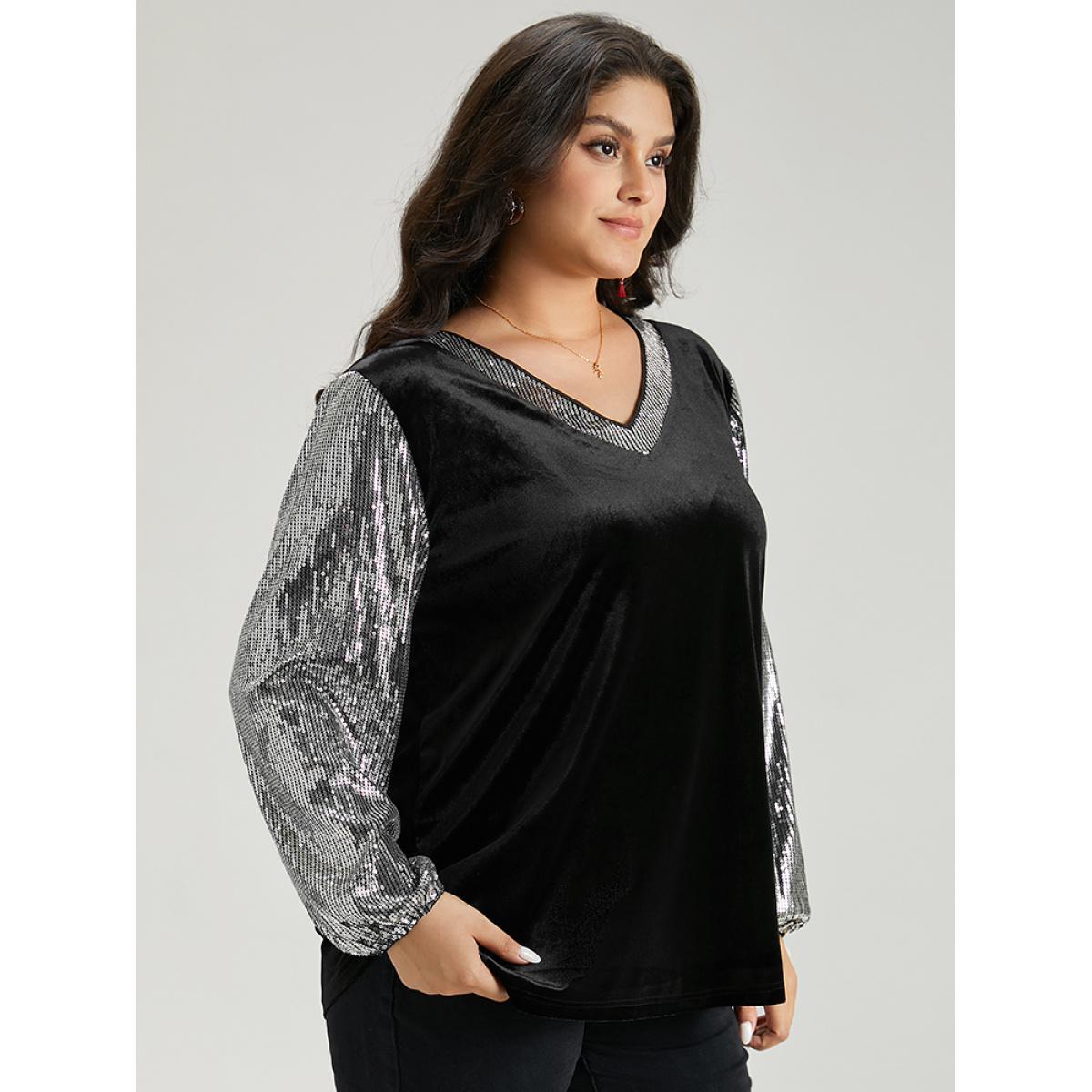 Plus Size Sequin Patchwork V Neck Lantern Sleeve Sweatshirt Women Black Cocktail Elastic cuffs V-neck Party Sweatshirts BloomChic 26/4X Product Image