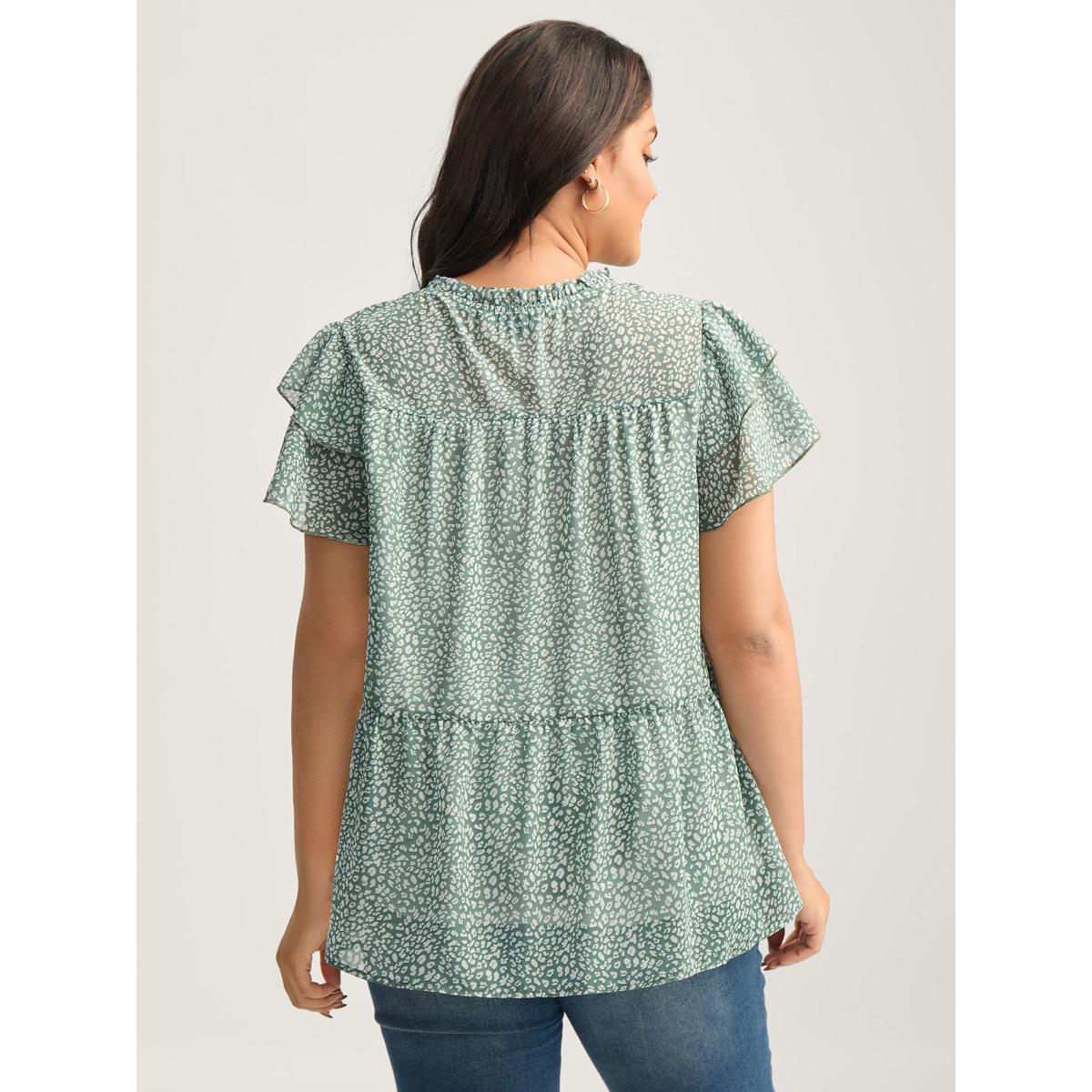 Plus Size Greenbean Leopard Print Stretchy Neck Flowy Blouse Women Cap Sleeve Round Neck Work Blouses BloomChic 12/L Product Image