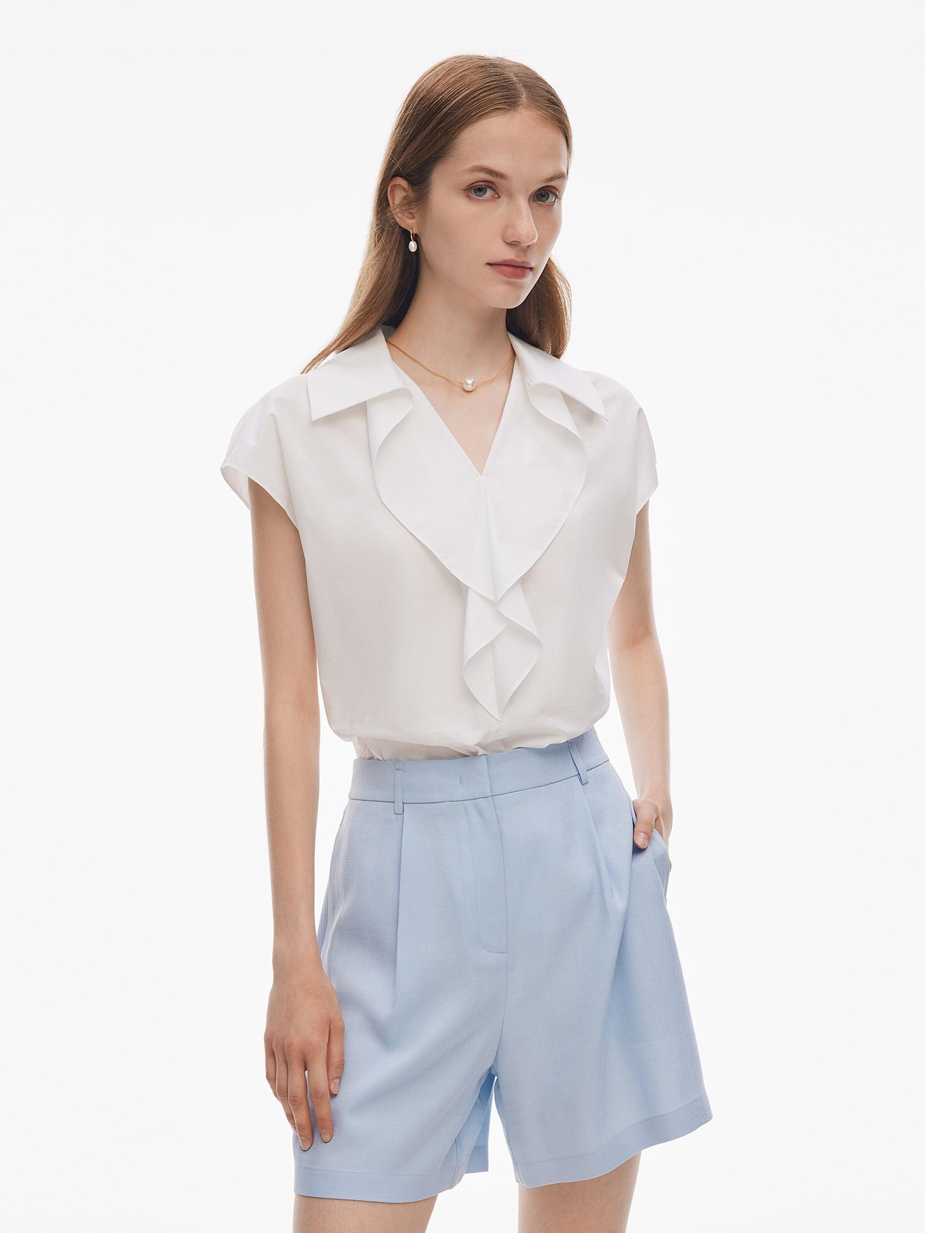 100% Cotton Ruffle Trim Women Blouse Product Image