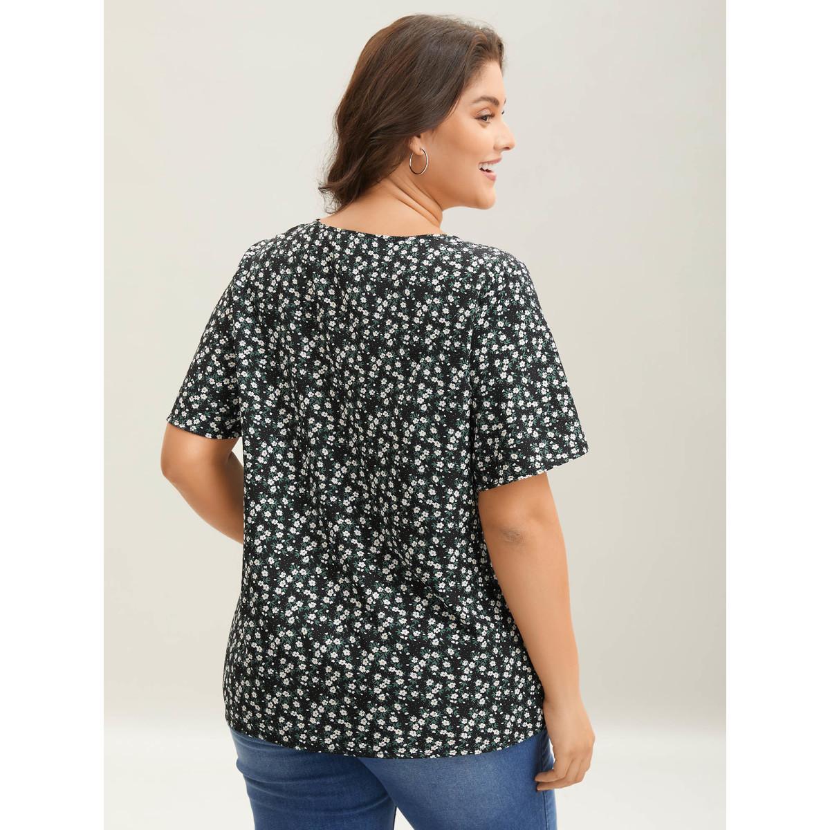 Plus Size Black Floral Ruffle Sleeve Gathered Round Neck Blouse Women Casual Short sleeve Round Neck Everyday Blouses BloomChic 18-20/2X Product Image