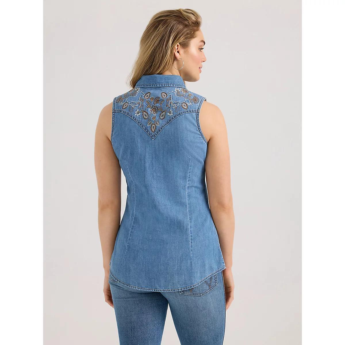 Women's Wrangler Embellished Denim Sleeveless Snap Shirt in Mid Wash Product Image
