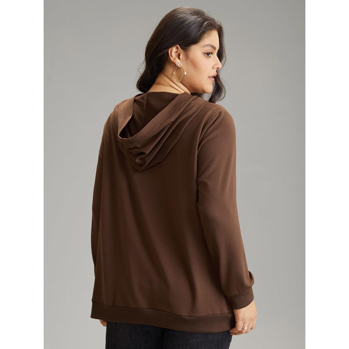 Plus Size Plants Print Hooded Kangaroo Pocket Sweatshirt Women DarkBrown Casual Printed Dailywear Sweatshirts BloomChic 26/4X Product Image