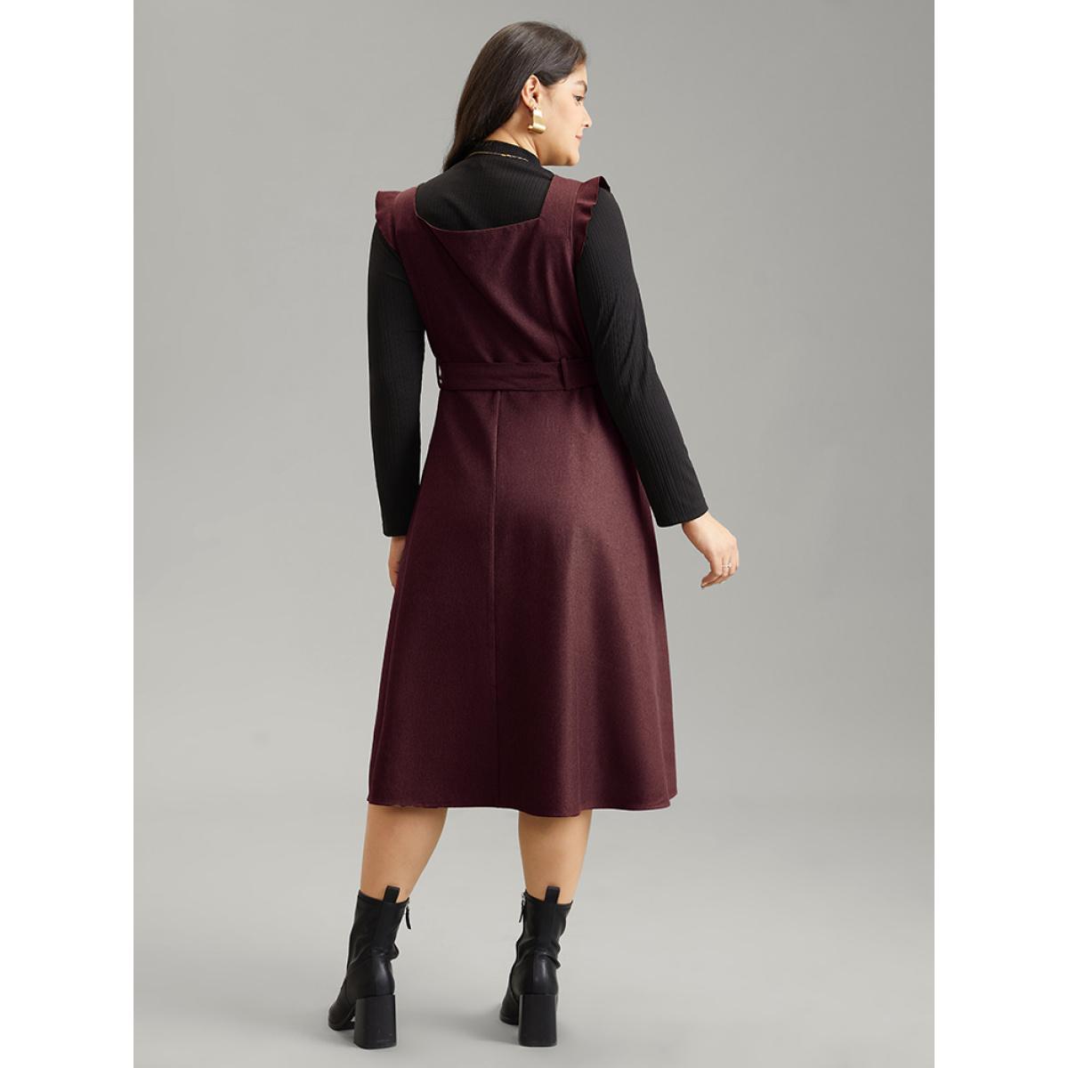 Plus Size Solid Belted Ruffle Trim Button Through Sleeveless Dress Burgundy Women Office Plain Square Neck Sleeveless Curvy Midi Dress BloomChic 10/M Product Image