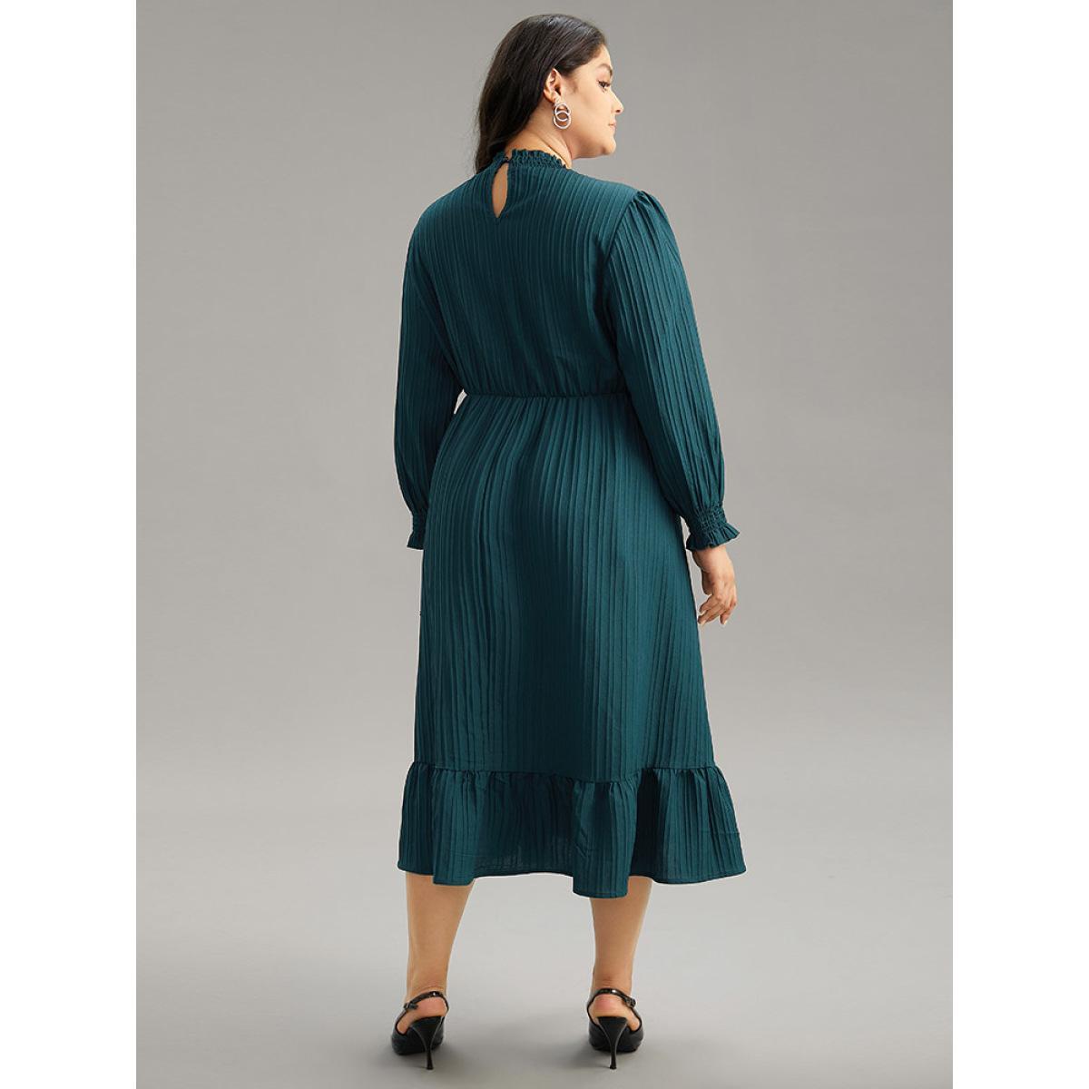 Plus Size Plain Texture Elastic Waist Frill Trim Shirred Dress Emerald Women Office Texture Mock Neck Long Sleeve Curvy Midi Dress BloomChic 18-20/2X Product Image