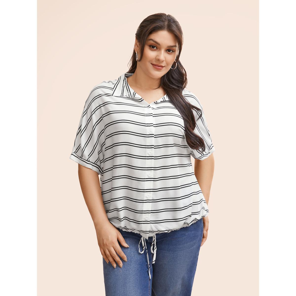 Plus Size Originalwhite Shirt Collar Striped Drawstring Dolman Sleeve Blouse Women Resort Half Sleeve Shirt collar Vacation Blouses BloomChic 26/4X Product Image
