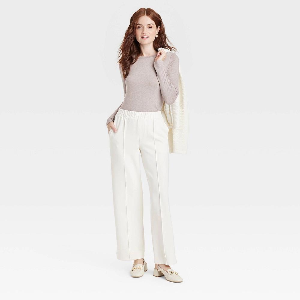 Womens Long Sleeve Brushed Knit T-Shirt - A New Day Beige XL Product Image