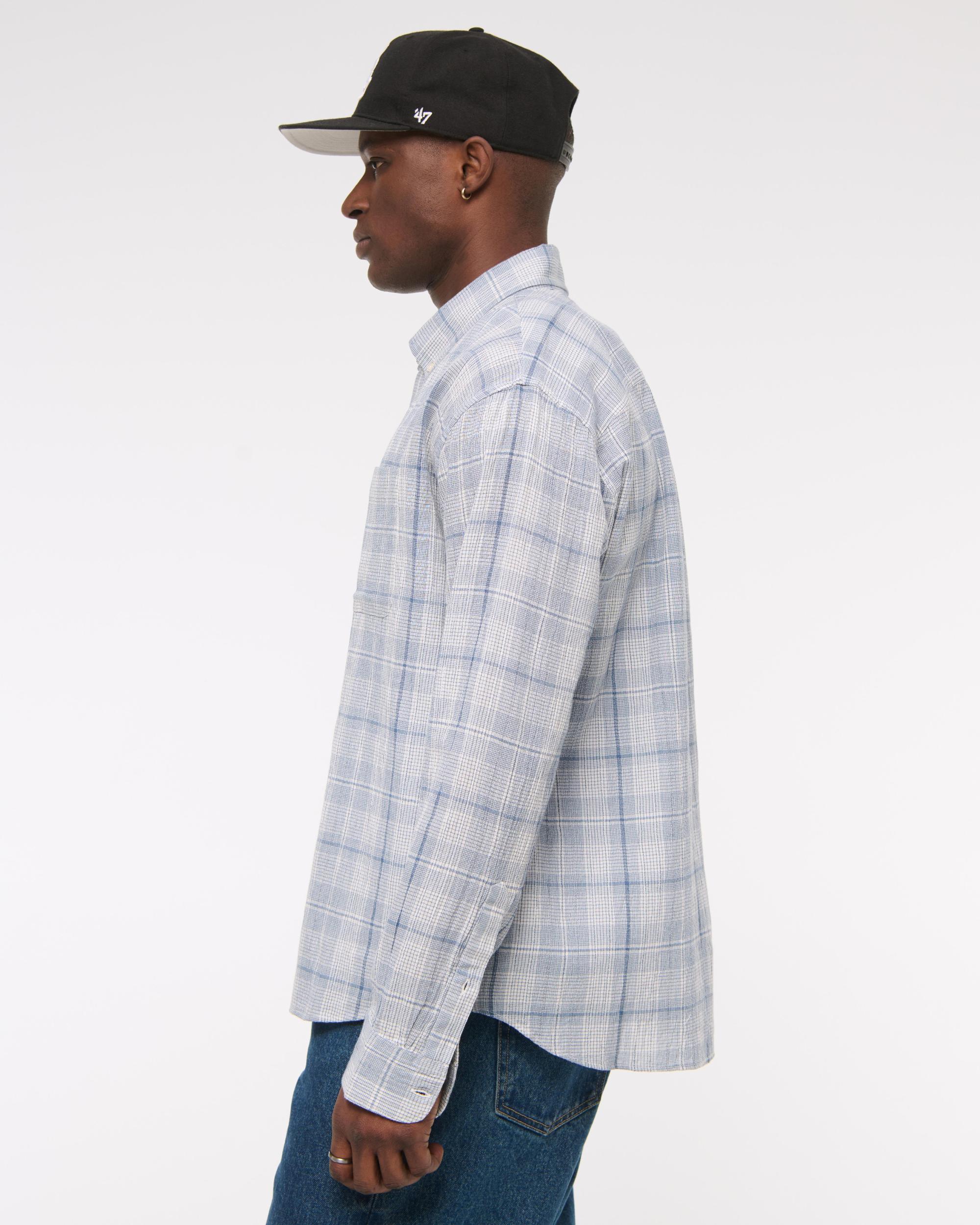 Long-Sleeve Textural Plaid Button-Up Shirt Product Image