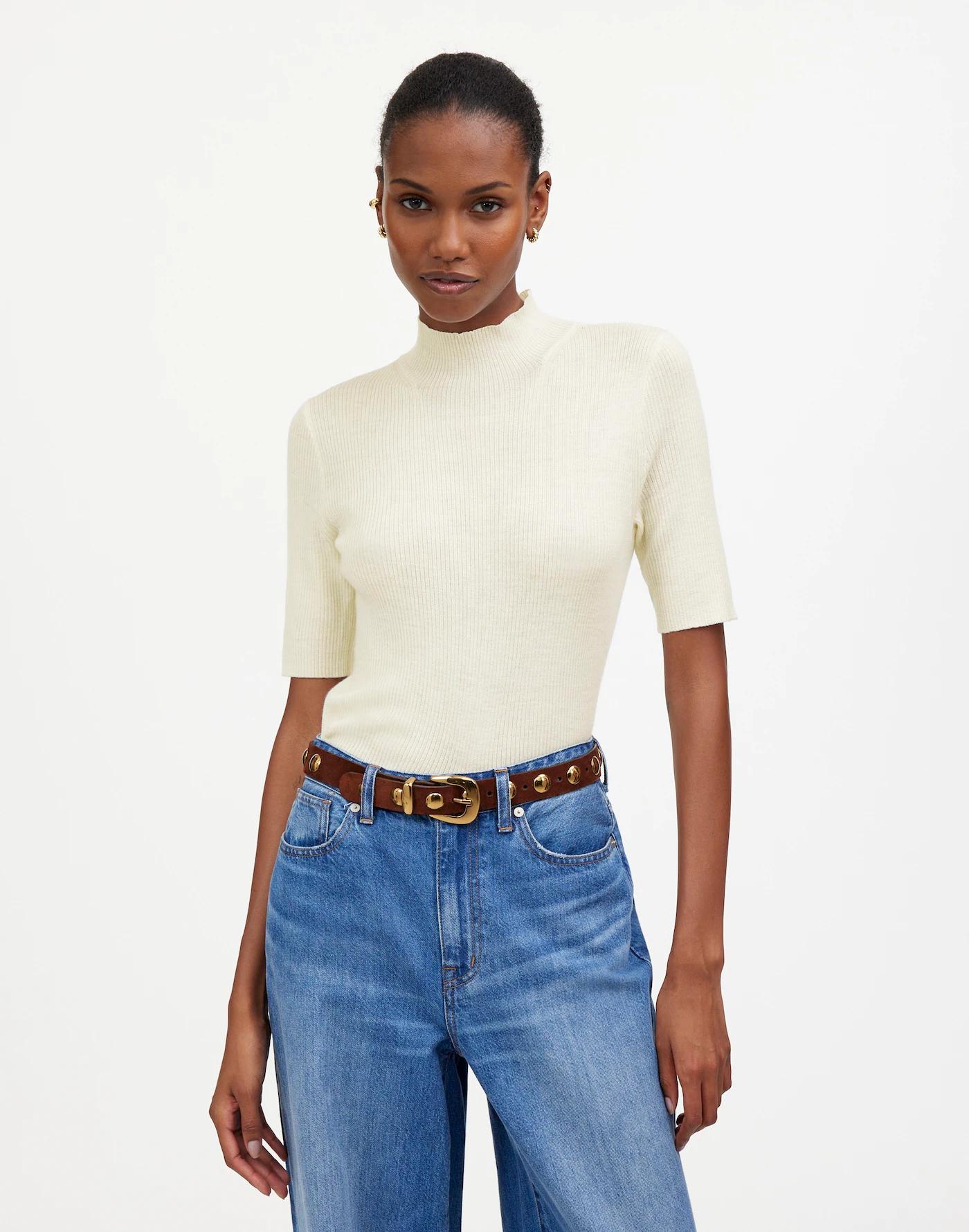 Ribbed Merino Wool Mockneck Sweater Tee Product Image