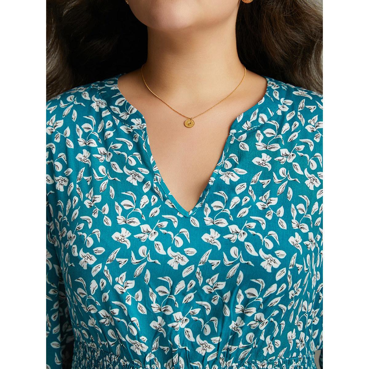 Plus Size Supersoft Essentials Ditsy Floral Shirred Pocket Dress Cerulean Women Elegant Elastic cuffs V-neck Long Sleeve Curvy Midi Dress BloomChic 14-16/1X Product Image