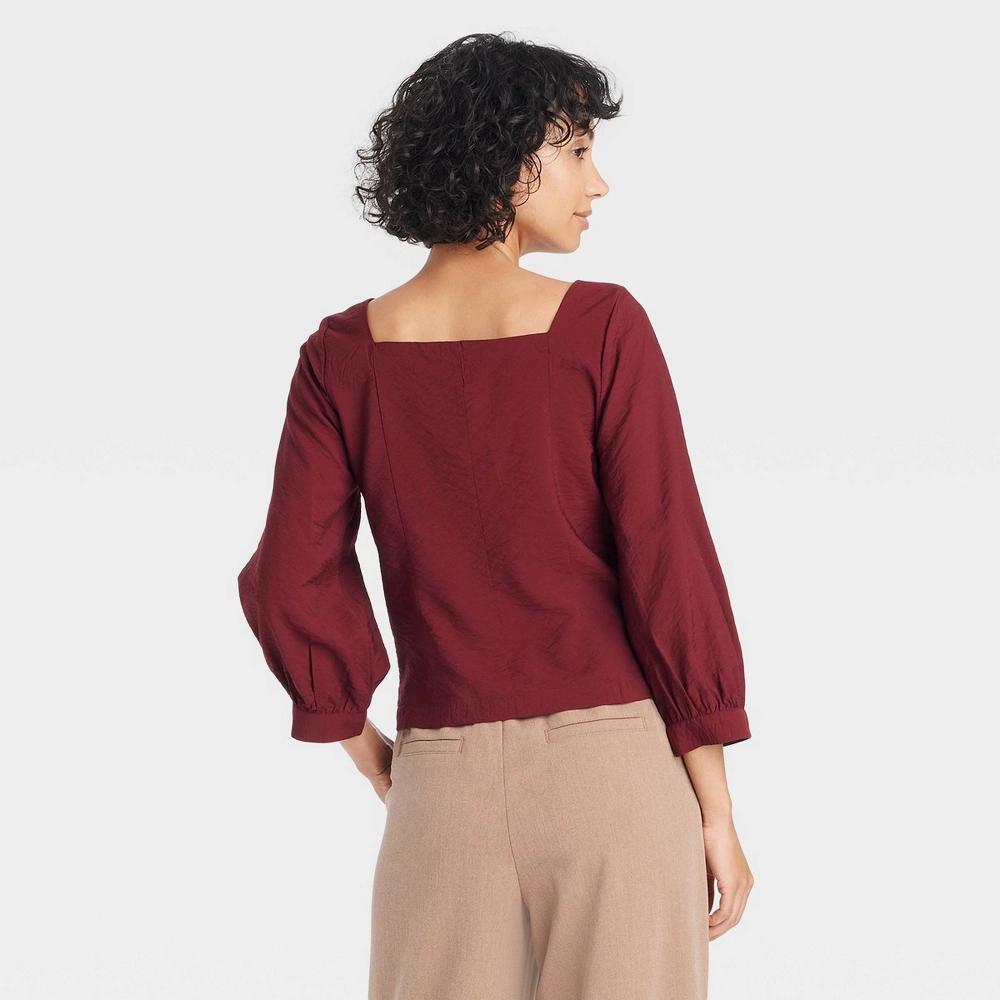 Womens Balloon 3/4 Sleeve Squareneck Blouse - A New Day Burgundy XL: Lightweight Rayon-Nylon Blend, Front Button Down Product Image