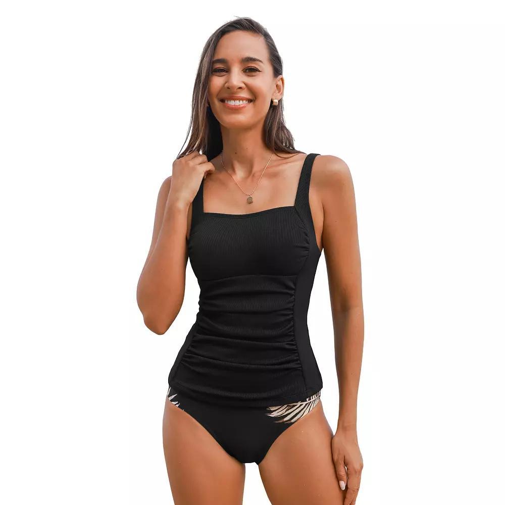Women's Cupshe 2-pc. Tummy Control Floral Tankini Swim Top & Swim Bottoms Set, Size: XL, Black Product Image