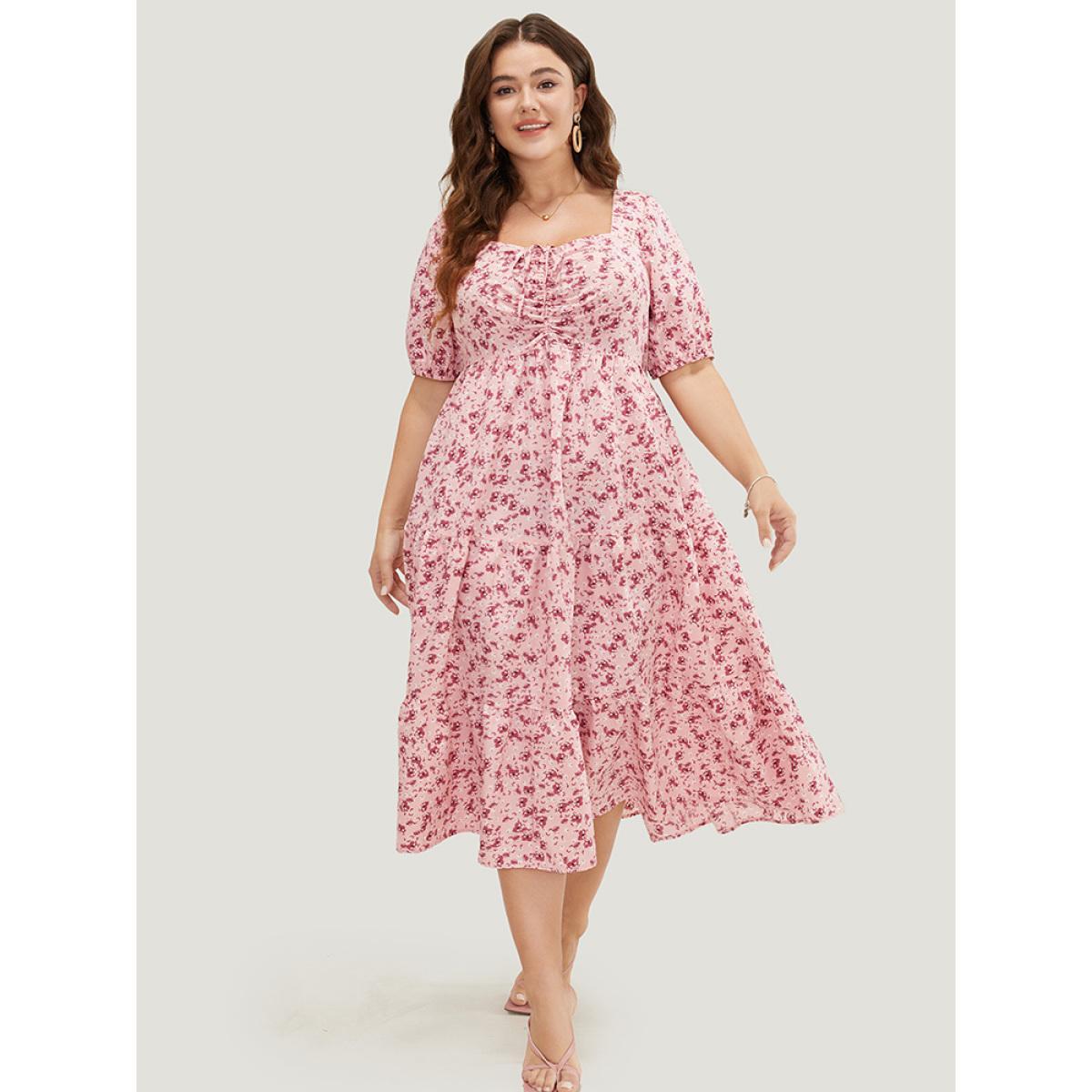 Plus Size Ditsy Floral Ruffle Tiered Pocket Ruched Puff Sleeve Drawstring Dress Watermelon Women Elegant Non Square Neck Short sleeve Curvy BloomChic 10/M Product Image