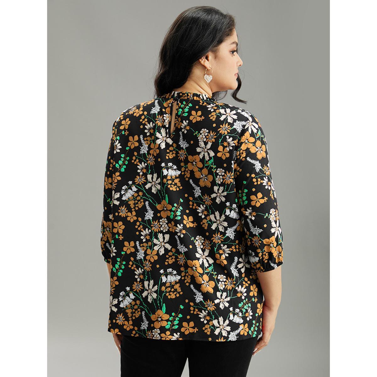 Plus Size Black Floral Print Frill Trim Cut Out Blouse Women Elegant Elbow-length sleeve Round Neck Everyday Blouses BloomChic 30/6X Product Image