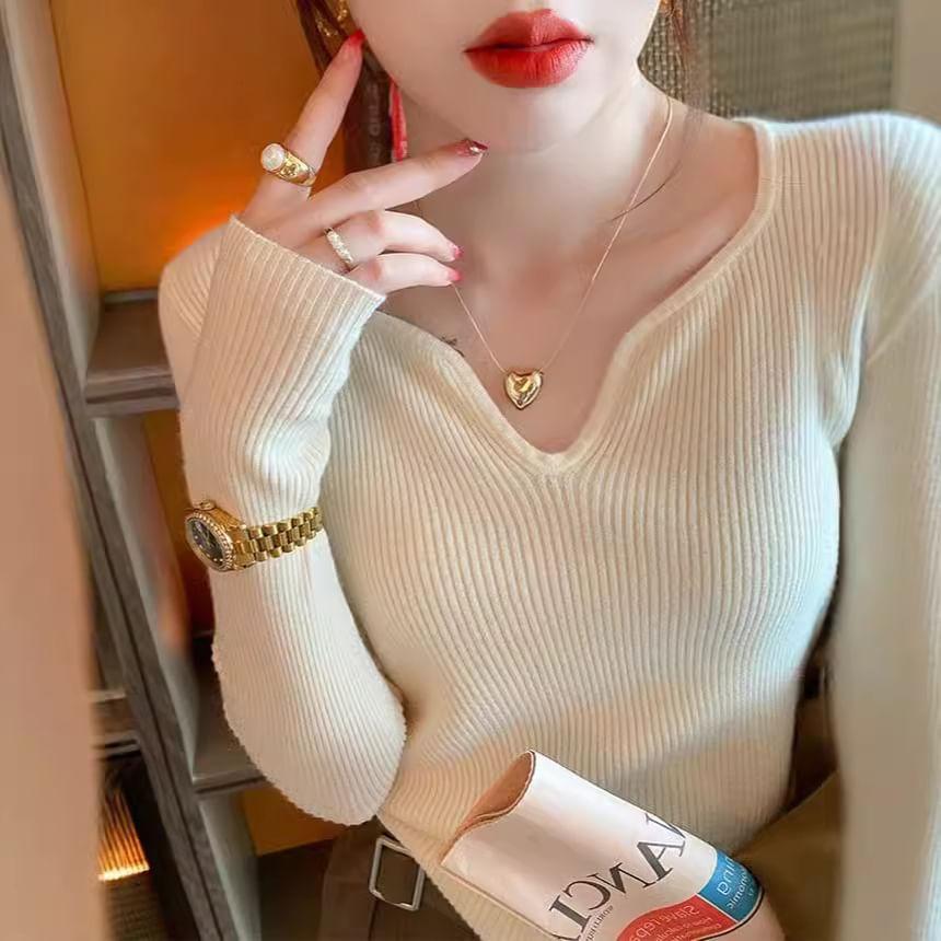 Notch Neck Plain Ribbed Sweater Product Image