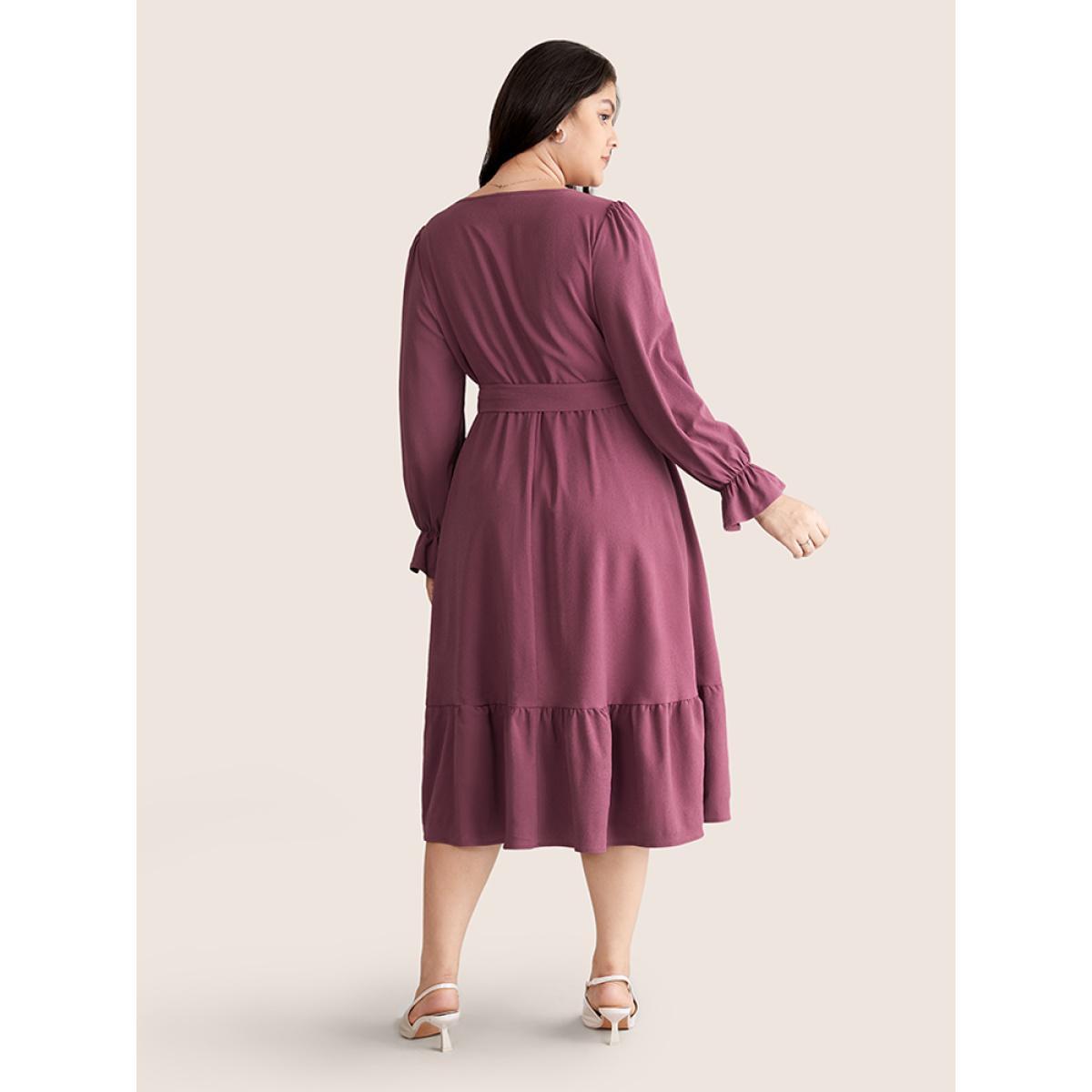 Plus Size Button Detail Belted Ruffle Layered Hem Dress Mauve Women Work From Home Plain V-neck Long Sleeve Curvy Midi Dress BloomChic 26/4X Product Image