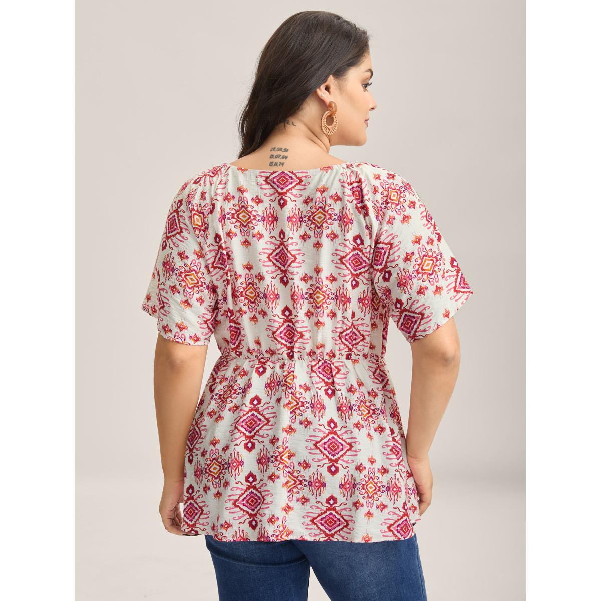 Plus Size Raspberry Floral Neck-Tie Babydoll Top Women Short sleeve Square Neck Vacation Blouses BloomChic 10/M Product Image