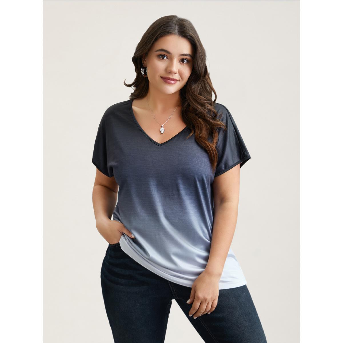 Plus Size Gradient Tie-Dye Stretchy V-Neck T-Shirt Indigo Women Casual Non V-neck Everyday T-shirts BloomChic 30/6X Product Image