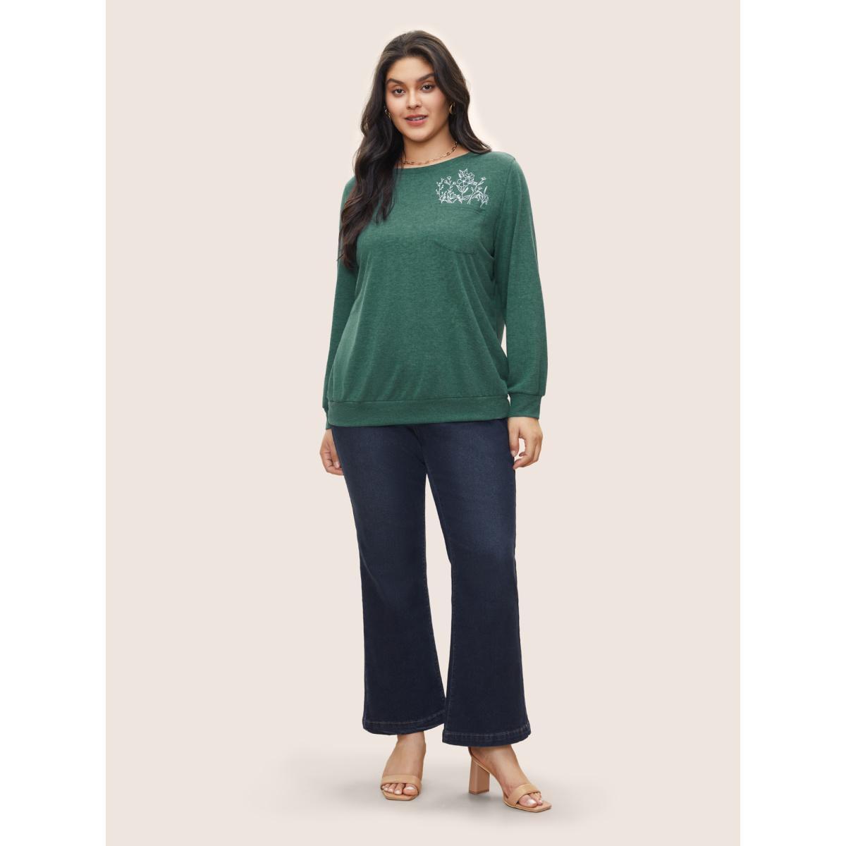Plus Size Floral Print Heather Patched Pocket Sweatshirt Women Green Casual Non Round Neck Everyday Sweatshirts BloomChic 10/M Product Image