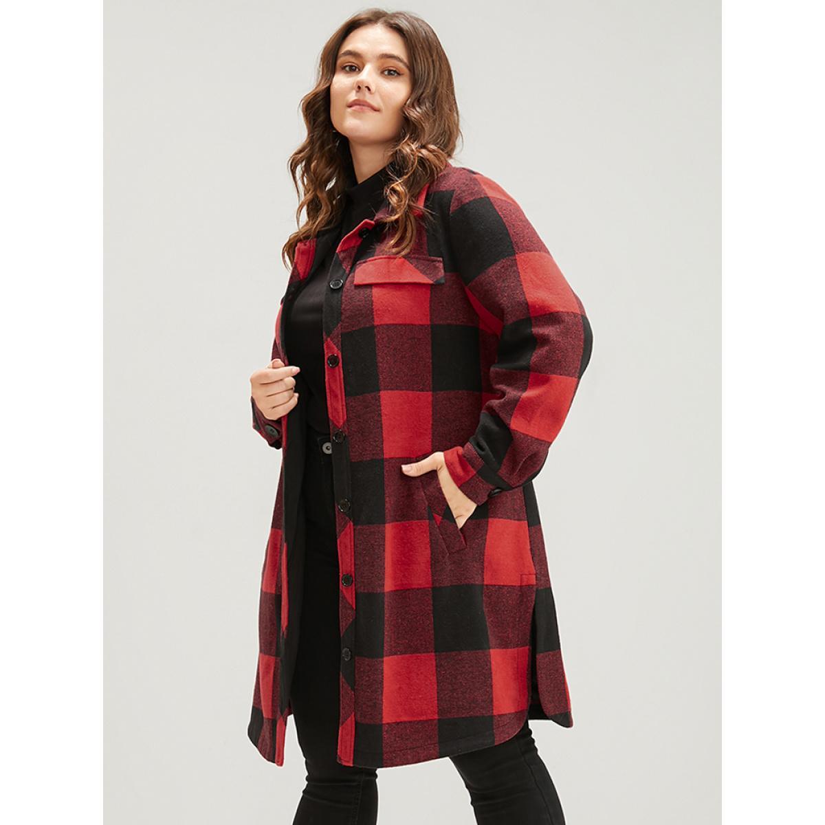 Plus Size Plaid Pocket Button Up Belted Coat Women Red Elegant Cross straps Ladies Dailywear Winter Coats BloomChic 30/6X Product Image