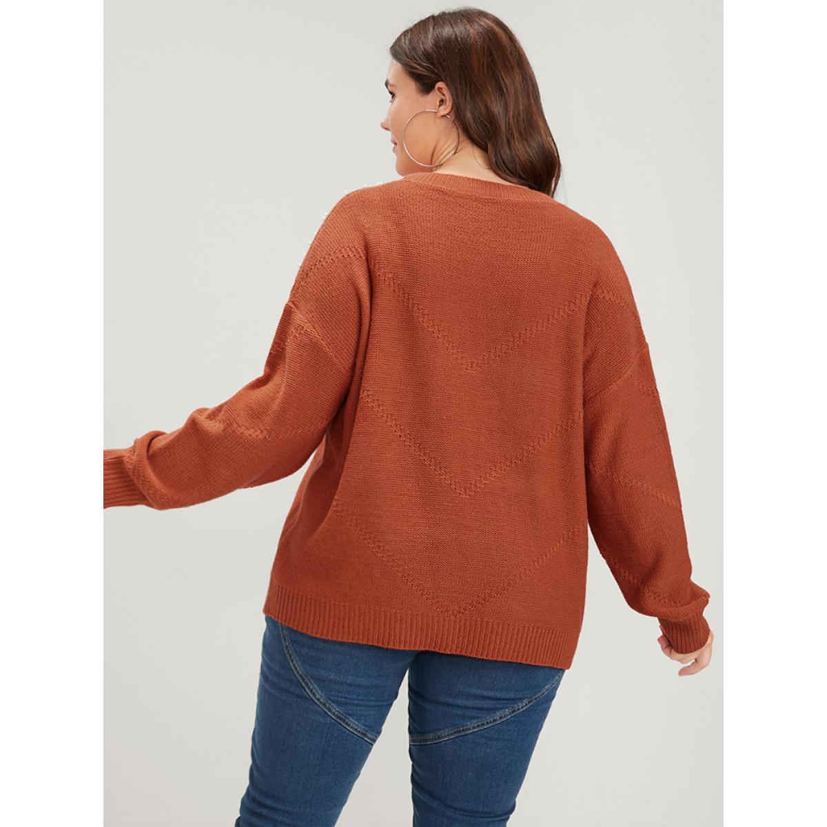 Plus Size Solid Pointelle Knit Pearls Beaded Knit Top Rust Women Casual Loose Long Sleeve Round Neck Dailywear Pullovers BloomChic 18-20/2X Product Image