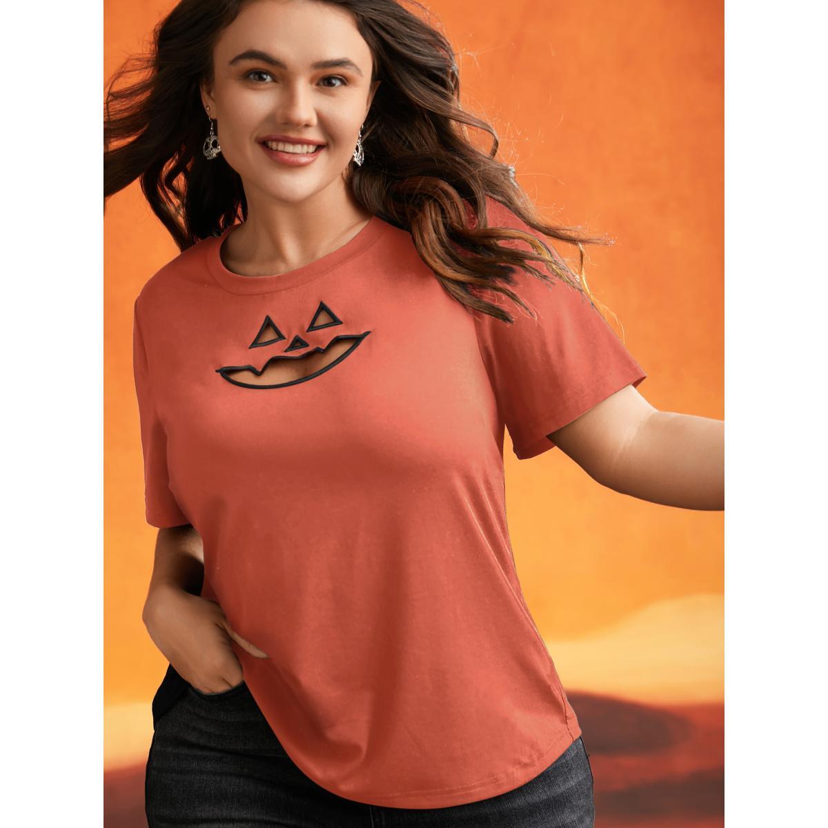 Plus Size Jack-O-Lantern Neck Hollow Embroidered T-shirt Rust Women Casual Cut-Out Halloween Round Neck Everyday T-shirts BloomChic 28/5X Product Image