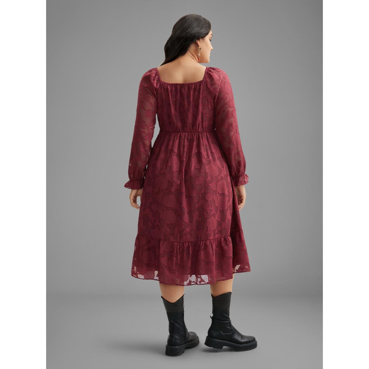 Plus Size Jacquard Texture Square Neck Midi Dress Burgundy Women Elegant Texture Party Curvy Bloomchic 10/M Product Image