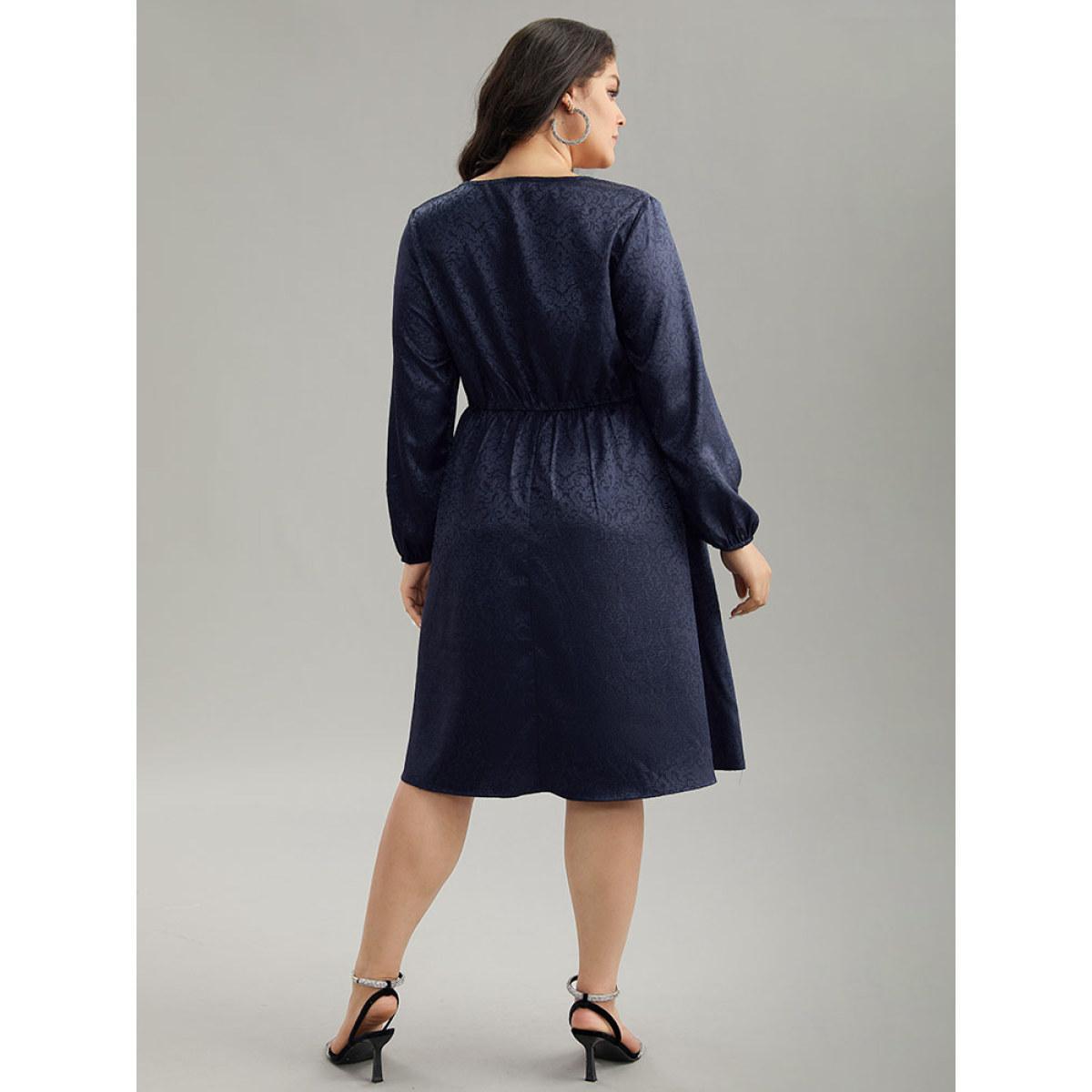 Plus Size Plain Textured Notched Lantern Sleeve Dress Indigo Women Glamour Elastic cuffs Notched collar Long Sleeve Curvy Knee Dress BloomChic 10/M Product Image