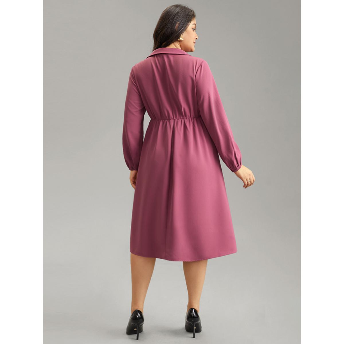 Plus Size Static-Free Solid Button Detail Split Hem Dress RedViolet Women Office Elastic cuffs Lapel Collar Long Sleeve Curvy Midi Dress BloomChic 10/M Product Image