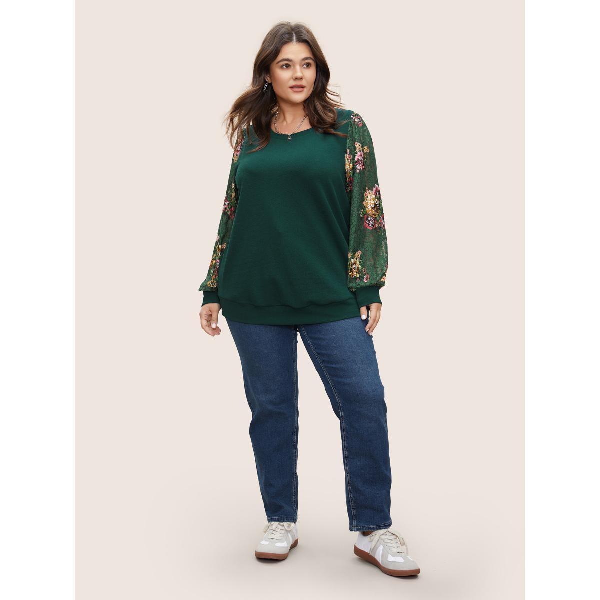 Plus Size Crochet Lace Floral Print Round Neck Sweatshirt Women DarkGreen Elegant Non Round Neck Everyday Sweatshirts BloomChic 18-20/2X Product Image