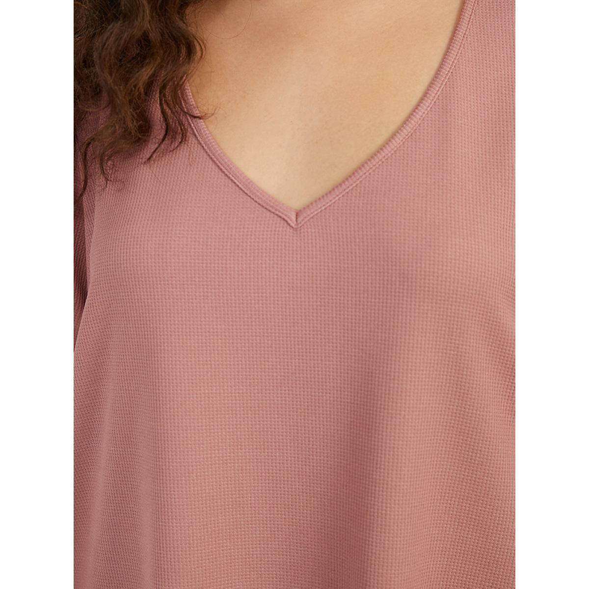 Plus Size Plain Waffle Knit Pleated Texture Ruffle Hem Dress Rouge Women Casual Elastic cuffs V-neck Long Sleeve Curvy Midi Dress BloomChic 14-16/1X Product Image