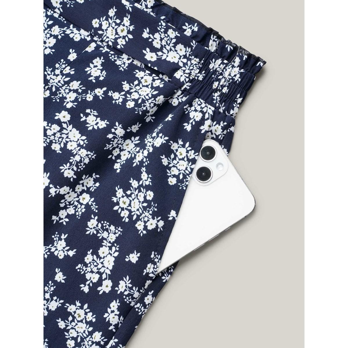 Plus Size Floral Print Waist Stretchy Wide Leg Pants Women Indigo Casual Wide Leg Mid Rise Everyday Pants BloomChic 14-16/1X Product Image