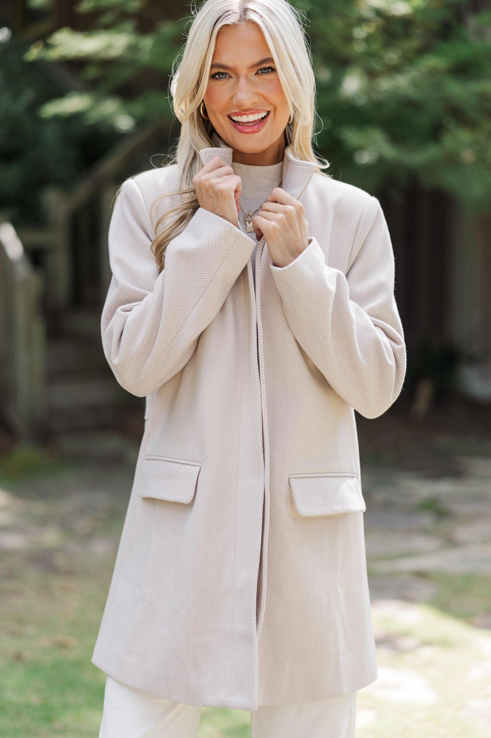 Do What You Can Oatmeal Brown Herringbone Coat Female Product Image