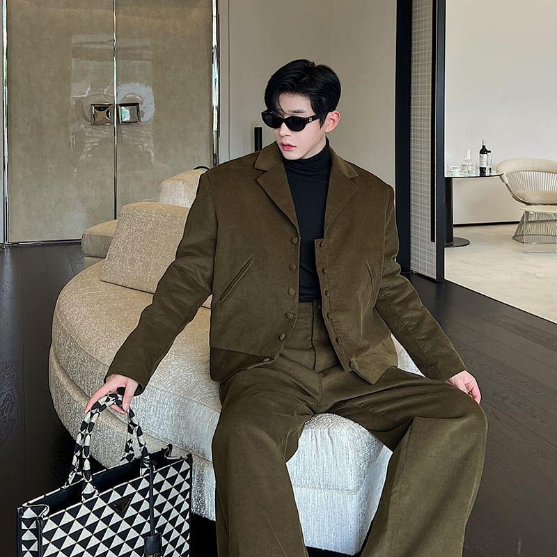 Set: Long-Sleeve Plain Blazer + High-Waist Plain Straight Leg Dress Pants Product Image
