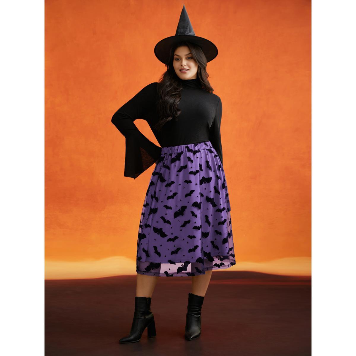 Plus Size Bat Motif A-Line Midi Skirt Women Deeppurple Elegant Low stretch Everyday Skirts BloomChic 14-16/1X Product Image