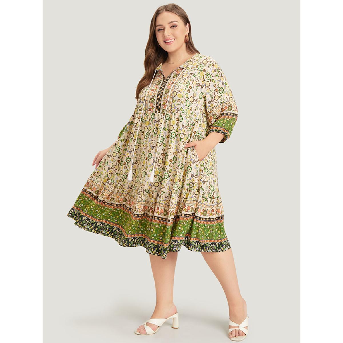 Plus Size Bandana Tassels Ties Neck Pocket Ruffle Hem Dress Green Women Vacation Tassels Tie Neck Elbow-length sleeve Curvy Midi Dress BloomChic 28/5X Product Image